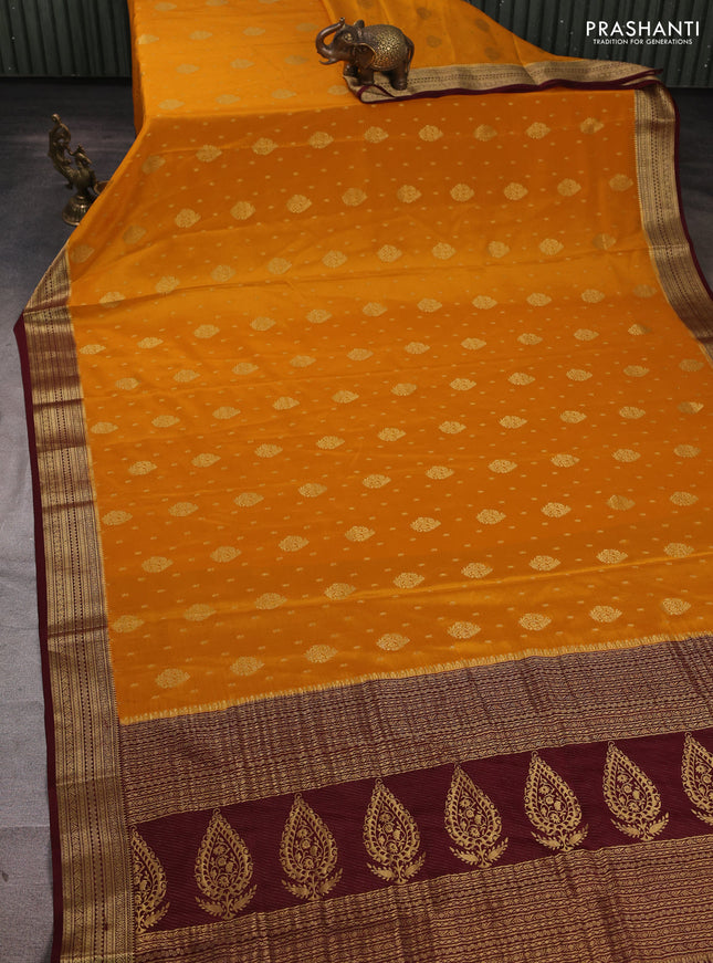 Pure mysore silk saree mustard yellow and coffee brown with allover zari woven buttas and zari woven border