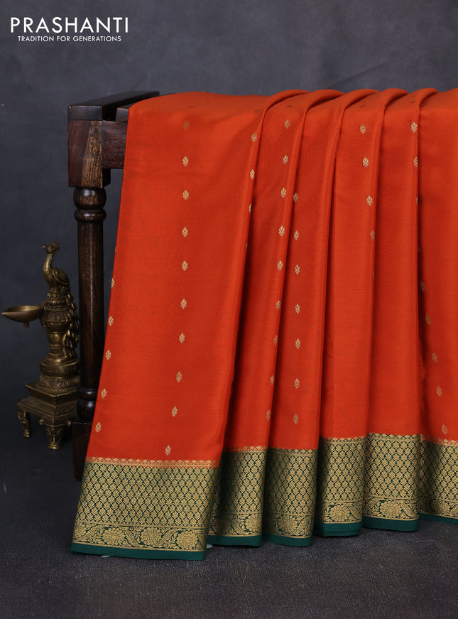 Pure mysore silk saree rust shade and green with allover zari woven buttas and zari woven border