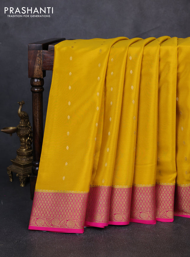 Pure mysore silk saree mustard yellow and pink with allover zari woven buttas and zari woven border