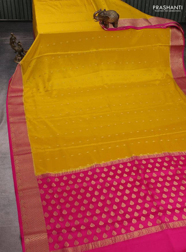 Pure mysore silk saree mustard yellow and pink with allover zari woven buttas and zari woven border