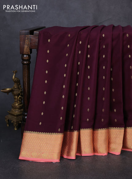 Pure mysore silk saree deep wine shade and peach shade with allover zari woven buttas and zari woven border