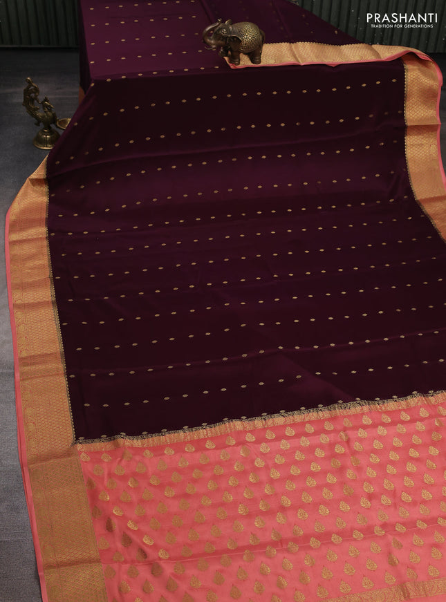 Pure mysore silk saree deep wine shade and peach shade with allover zari woven buttas and zari woven border