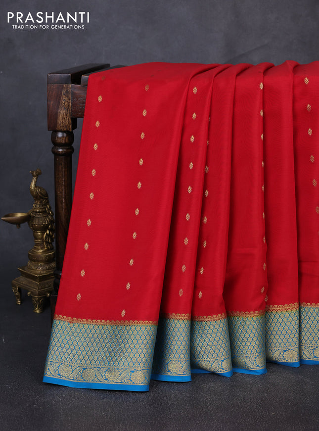 Pure mysore silk saree maroon and cs blue with allover zari woven buttas and zari woven border