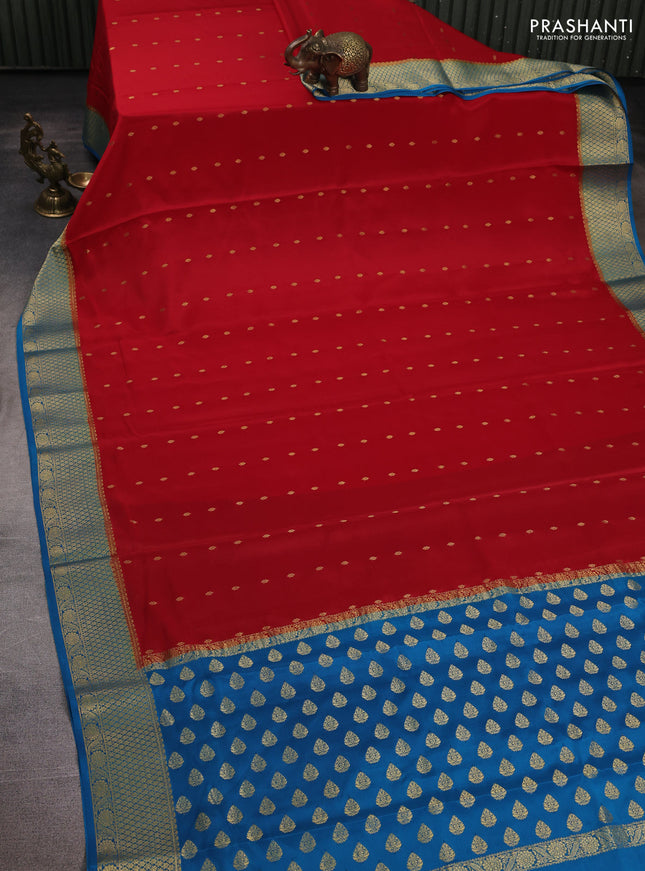 Pure mysore silk saree maroon and cs blue with allover zari woven buttas and zari woven border