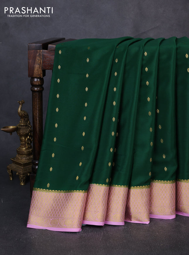 Pure mysore silk saree bottle green and lotus pink with allover zari woven buttas and zari woven border