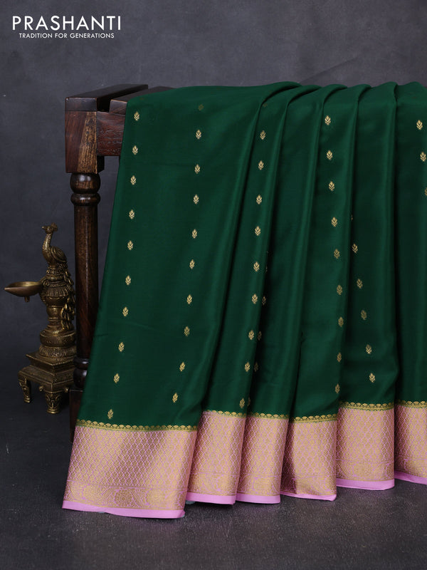 Pure mysore silk saree bottle green and lotus pink with allover zari woven buttas and zari woven border