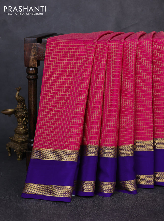 Pure mysore silk saree pink and royal blue with allover small checked pattern and rettapet zari woven border
