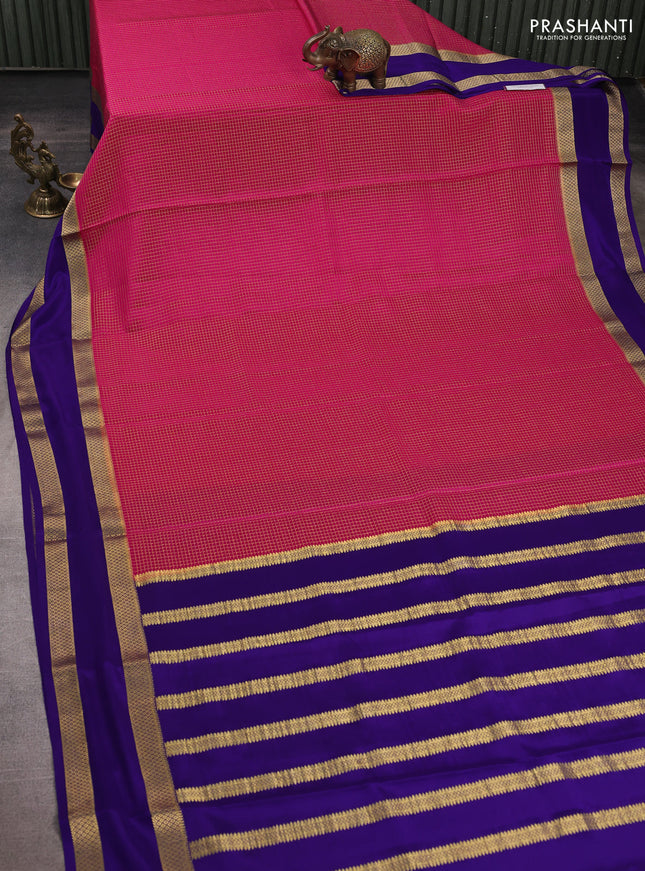 Pure mysore silk saree pink and royal blue with allover small checked pattern and rettapet zari woven border