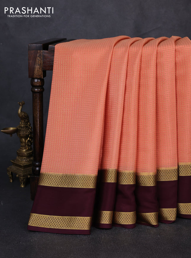 Pure mysore silk saree peach orange and coffee brown with allover small checked pattern and rettapet zari woven border
