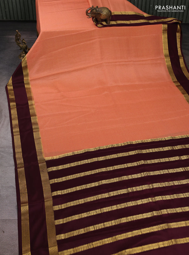 Pure mysore silk saree peach orange and coffee brown with allover small checked pattern and rettapet zari woven border