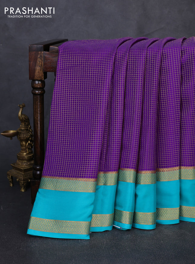 Pure mysore silk saree violet and teal green with allover small checked pattern and rettapet zari woven border