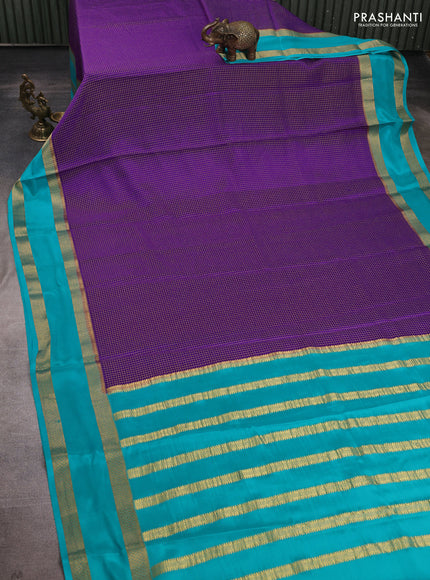 Pure mysore silk saree violet and teal green with allover small checked pattern and rettapet zari woven border