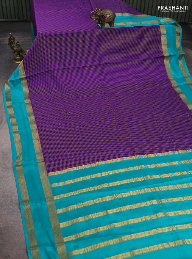 Pure mysore silk saree violet and teal green with allover small checked pattern and rettapet zari woven border