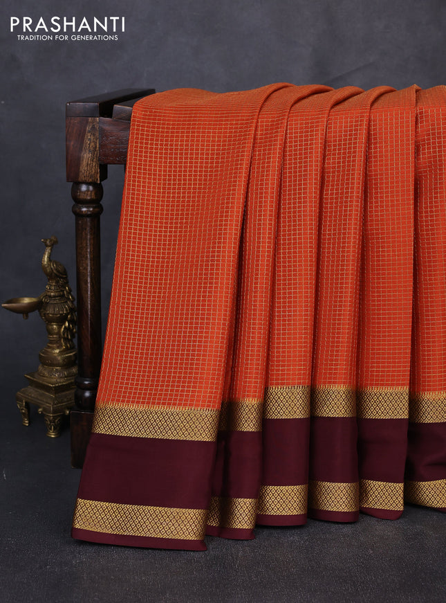 Pure mysore silk saree rust shade and coffee brown with allover small checked pattern and rettapet zari woven border
