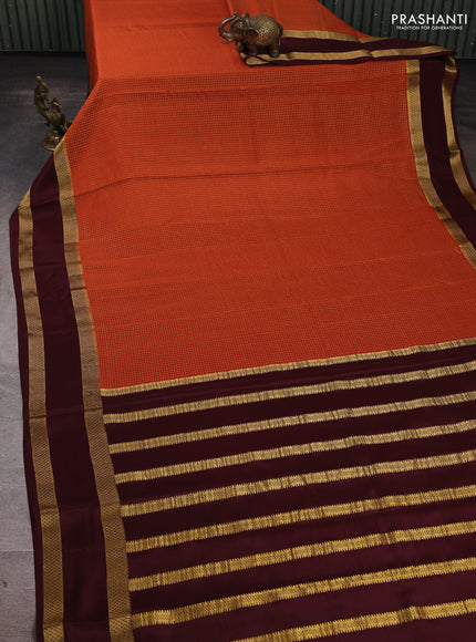 Pure mysore silk saree rust shade and coffee brown with allover small checked pattern and rettapet zari woven border