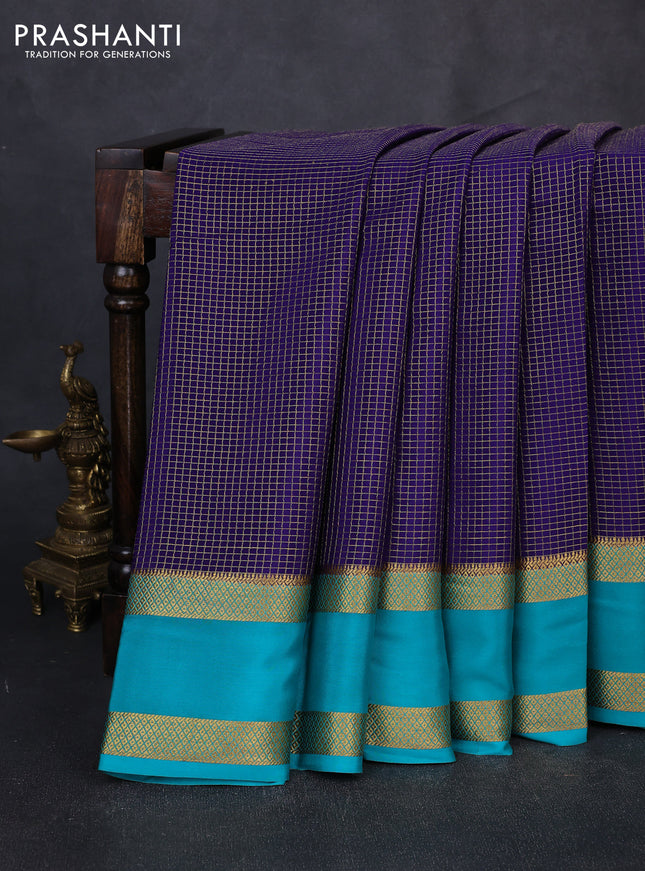 Pure mysore silk saree royal blue and teal green with allover small checked pattern and rettapet zari woven border