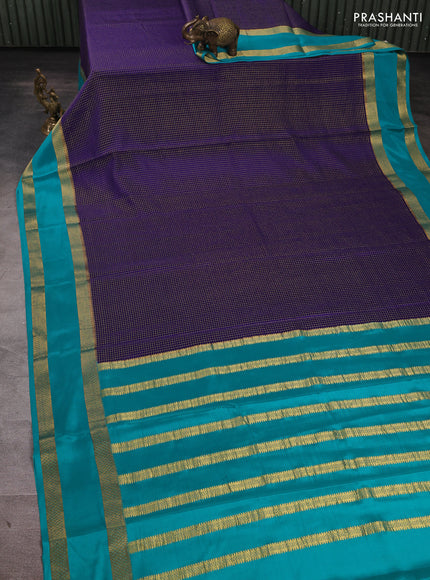 Pure mysore silk saree royal blue and teal green with allover small checked pattern and rettapet zari woven border