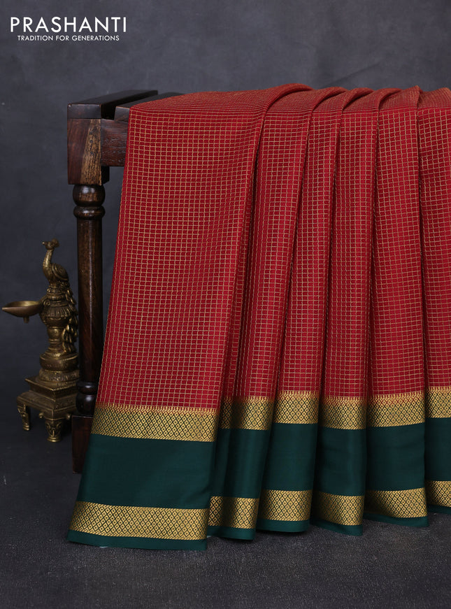 Pure mysore silk saree maroon and bottle green with allover small checked pattern and rettapet zari woven border