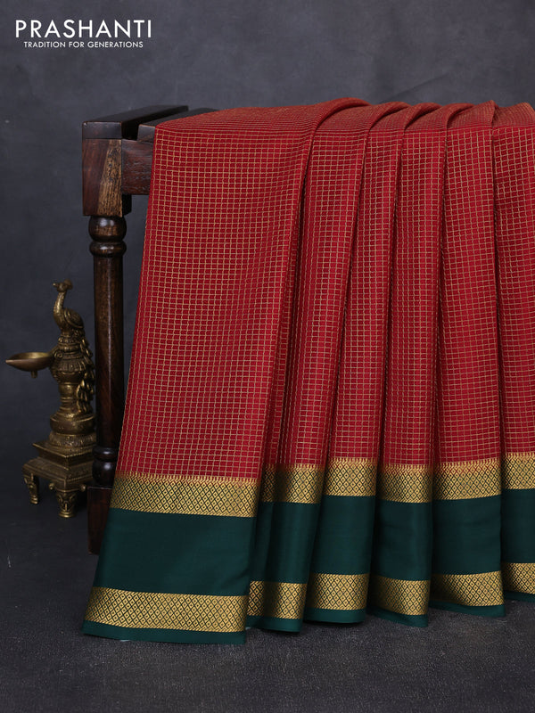 Pure mysore silk saree maroon and bottle green with allover small checked pattern and rettapet zari woven border