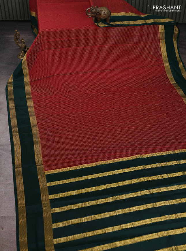 Pure mysore silk saree maroon and bottle green with allover small checked pattern and rettapet zari woven border