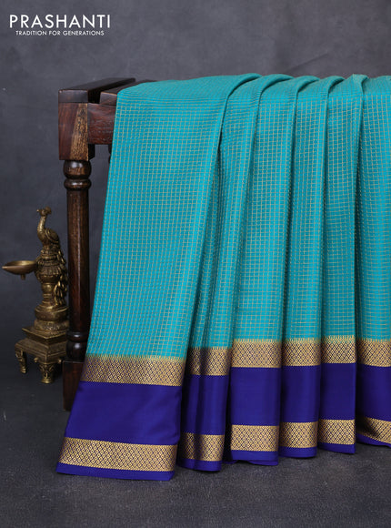 Pure mysore silk saree teal blue and blue with allover small checked pattern and rettapet zari woven border