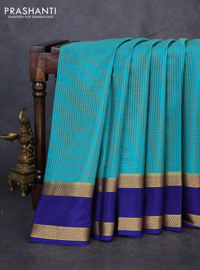 Pure mysore silk saree teal blue and blue with allover small checked pattern and rettapet zari woven border