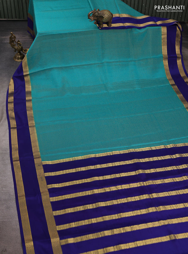 Pure mysore silk saree teal blue and blue with allover small checked pattern and rettapet zari woven border