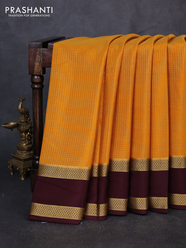 Pure mysore silk saree mustard yellow and coffee brown with allover small checked pattern and rettapet zari woven border