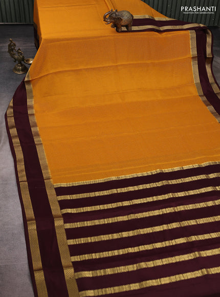 Pure mysore silk saree mustard yellow and coffee brown with allover small checked pattern and rettapet zari woven border