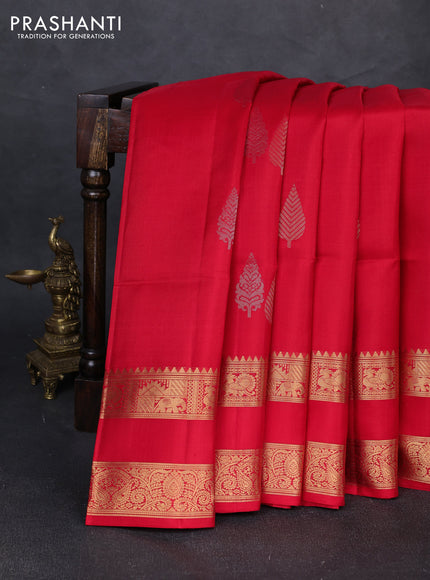 Pure soft silk saree red with silver & gold zari woven buttas and rettapet zari woven border