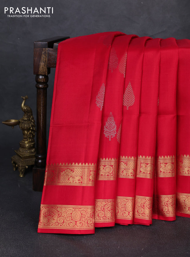 Pure soft silk saree red with silver & gold zari woven buttas and rettapet zari woven border