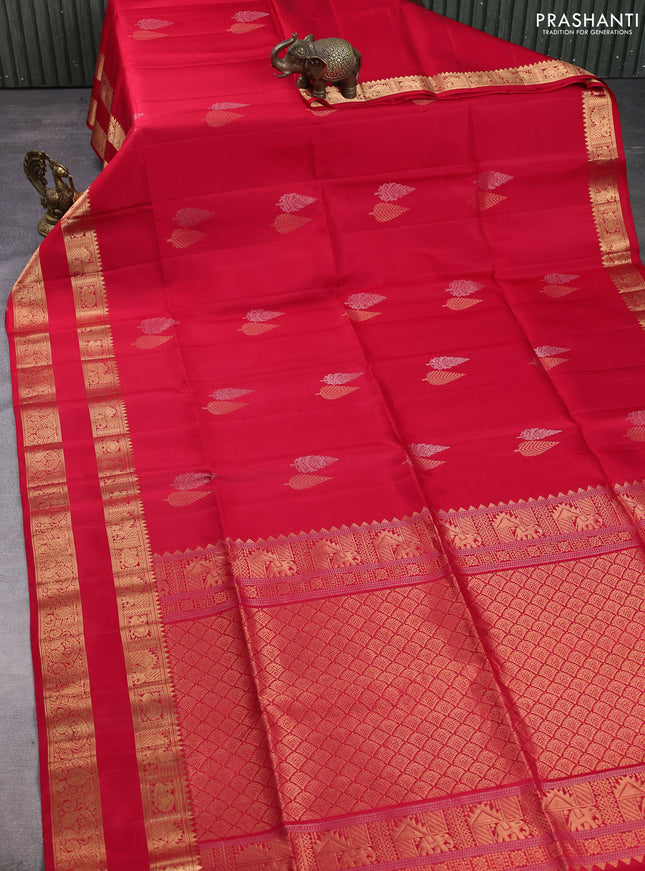 Pure soft silk saree red with silver & gold zari woven buttas and rettapet zari woven border