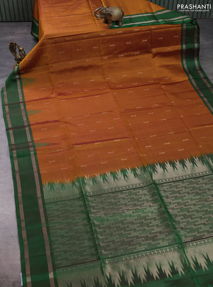 Pure soft silk saree dark mustard and green with zari woven buttas and rettapet zari woven border