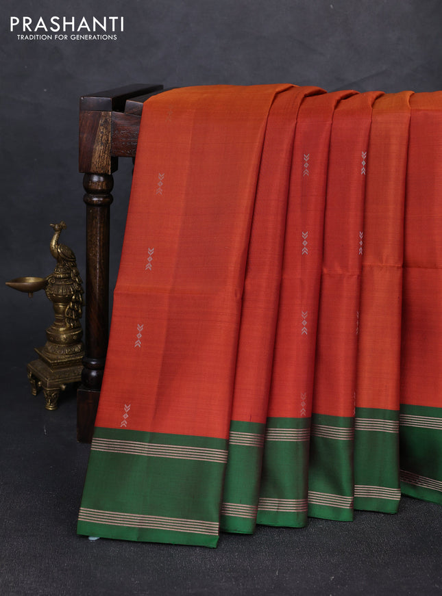 Pure soft silk saree rustic orange and dual shade of green with zari woven buttas and rettapet zari woven border