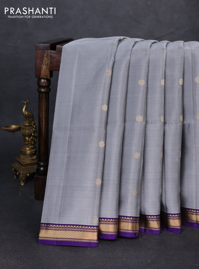 Pure soft silk saree grey and violet with allover zari woven buttas and zari woven border