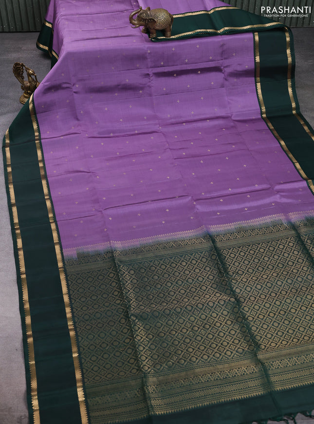 Pure soft silk saree lavender and bottle green with allover zari woven buttas and zari woven border
