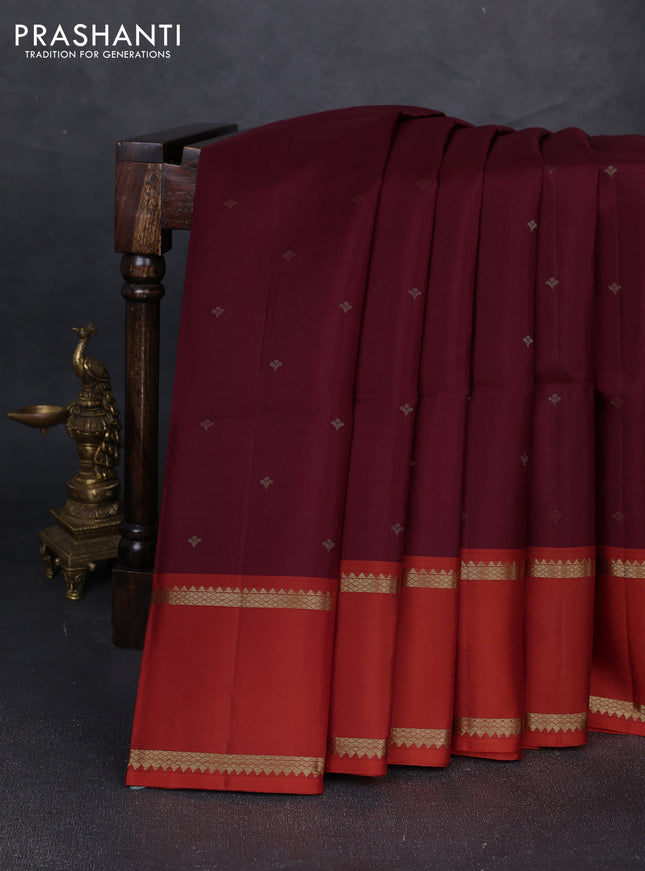 Pure soft silk saree maroon and rustic orange with allover zari woven buttas and zari woven border