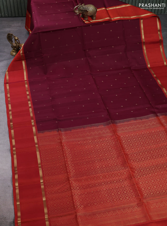 Pure soft silk saree maroon and rustic orange with allover zari woven buttas and zari woven border