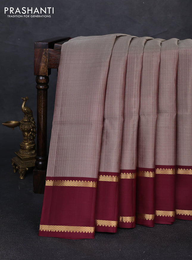 Pure soft silk saree chikku shade and wine shade with allover zari stripe pattern and rettapet zari woven border