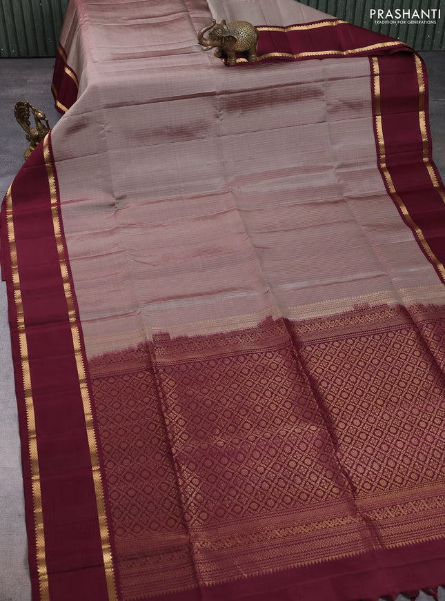 Pure soft silk saree chikku shade and wine shade with allover zari stripe pattern and rettapet zari woven border