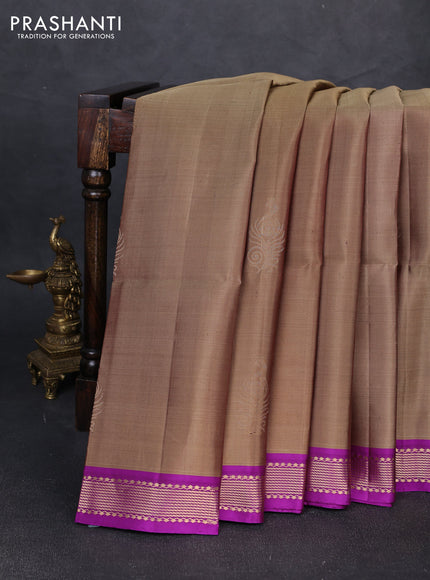 Pure soft silk saree chikku shade and purple with zari woven buttas and zari woven border