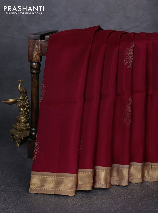 Pure soft silk saree maroon and beige with zari woven buttas and zari woven border