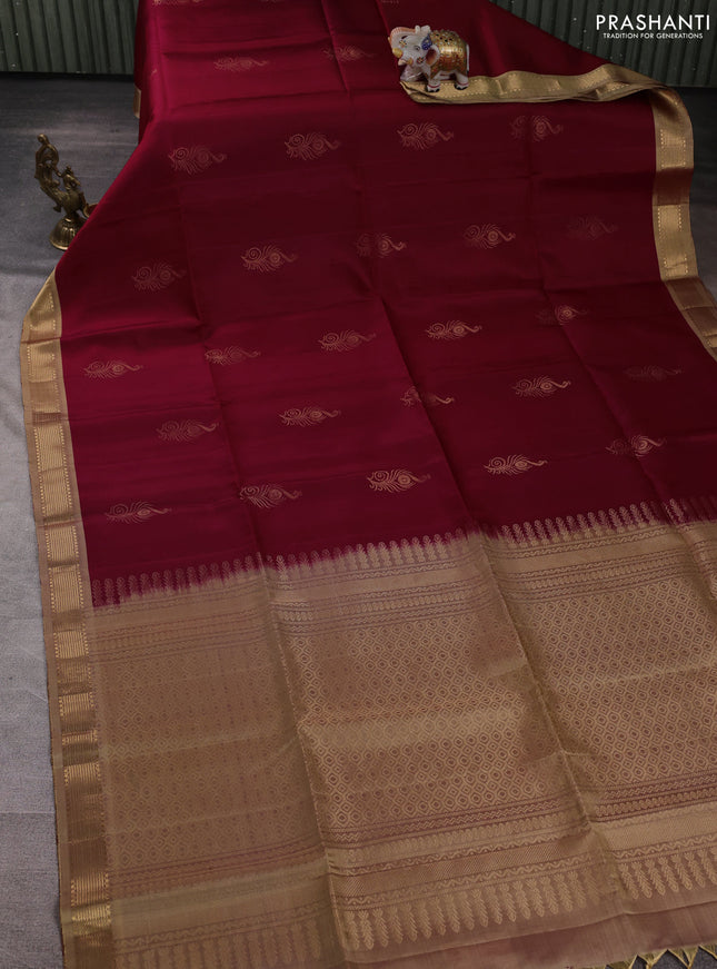 Pure soft silk saree maroon and beige with zari woven buttas and zari woven border