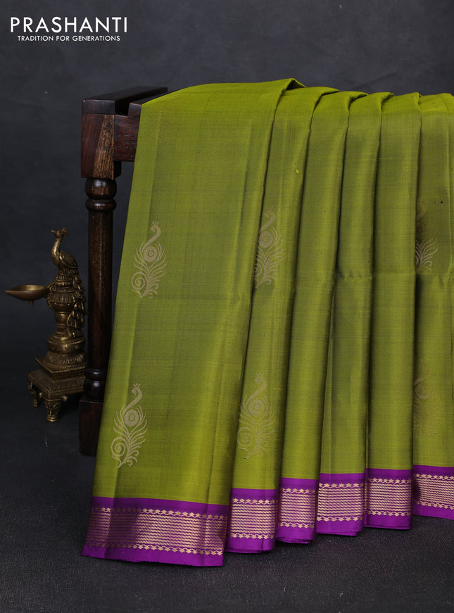Pure soft silk saree mehendi green and purple with zari woven buttas and zari woven border