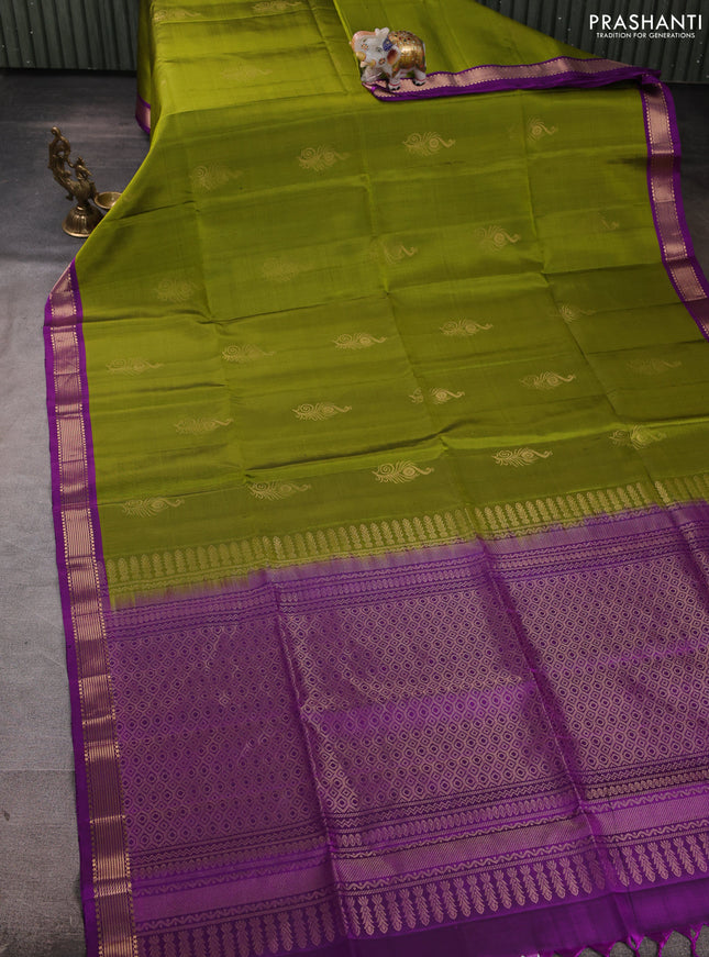 Pure soft silk saree mehendi green and purple with zari woven buttas and zari woven border