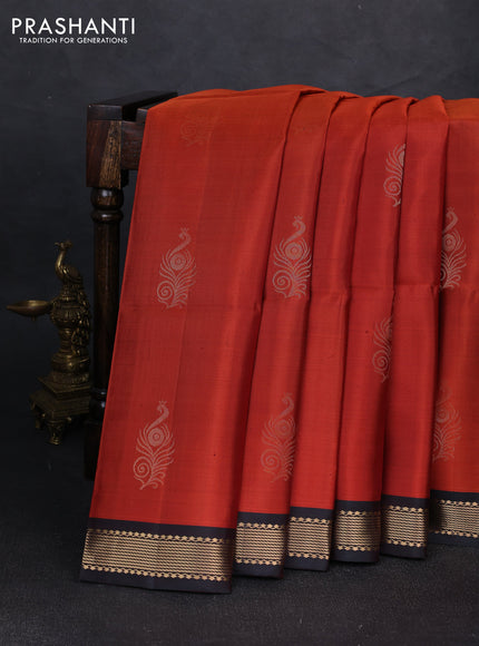 Pure soft silk saree rustic orange and dual shade of peacock green with zari woven buttas and zari woven border