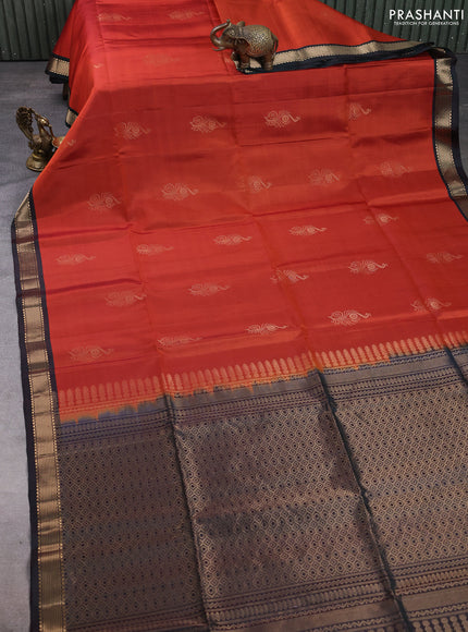 Pure soft silk saree rustic orange and dual shade of peacock green with zari woven buttas and zari woven border