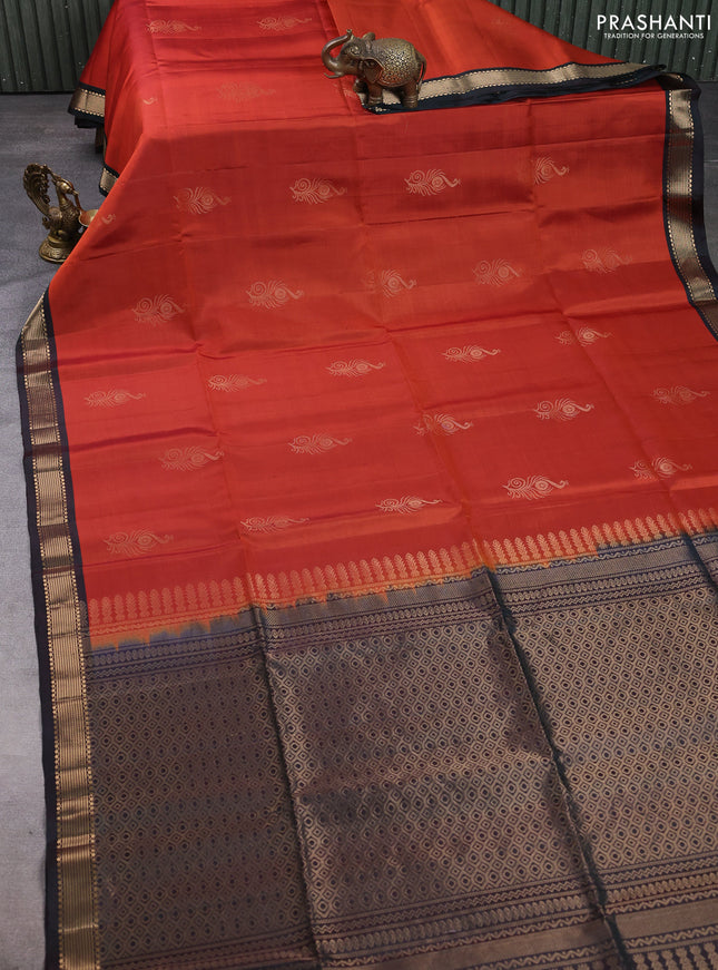 Pure soft silk saree rustic orange and dual shade of peacock green with zari woven buttas and zari woven border