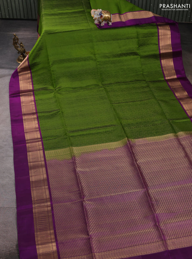 Pure soft silk saree mehendi green and purple with allover self emboss & zari weaves and zari woven simple border