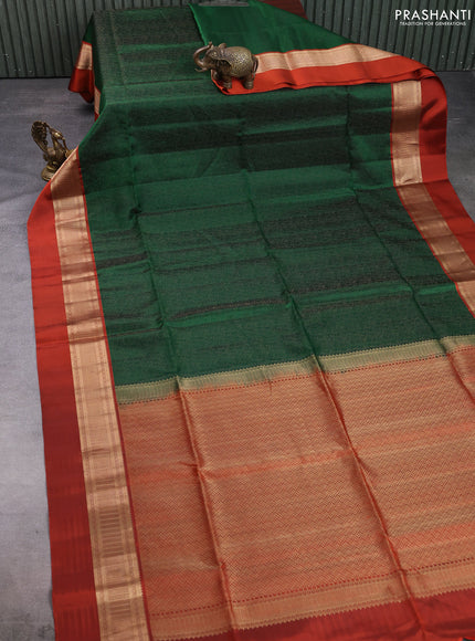 Pure soft silk saree bottle green and rustic orange with allover self emboss & zari weaves and zari woven simple border
